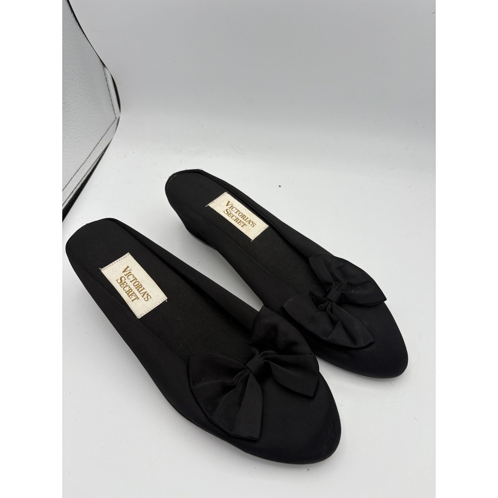 Victoria's Secret Slippers Womens Size 7/8 Black Bow Wedge Slip On Comfort